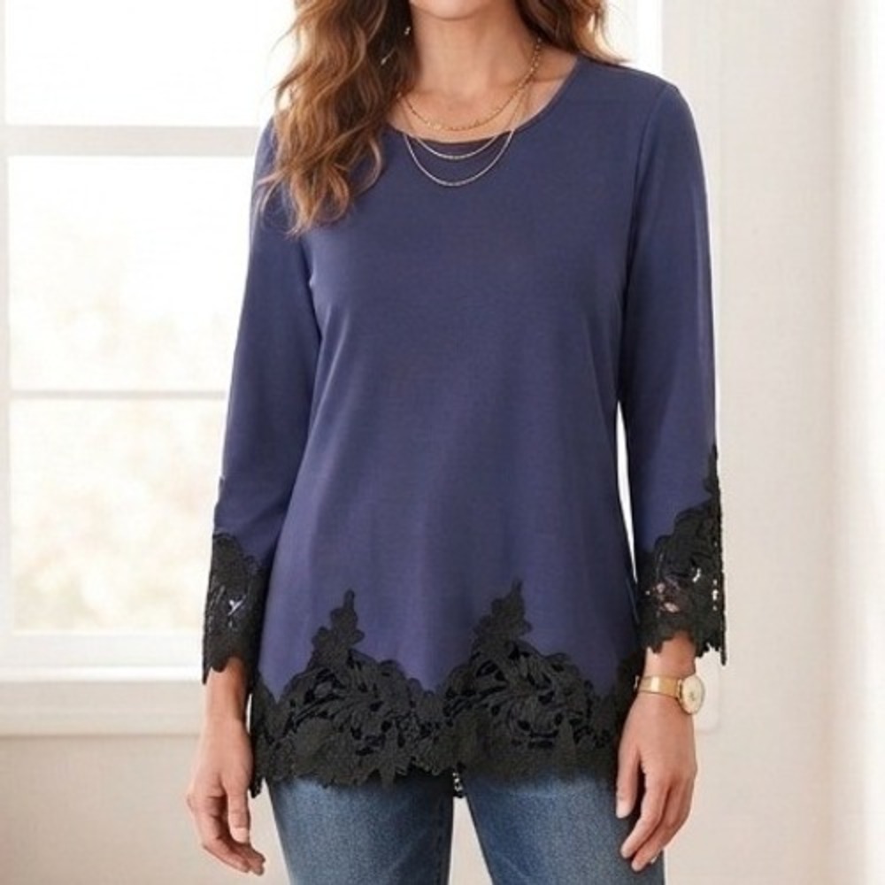 Chico's floral lace top xl 3 Blouse Blue Long Sleeve office minimalist capsule